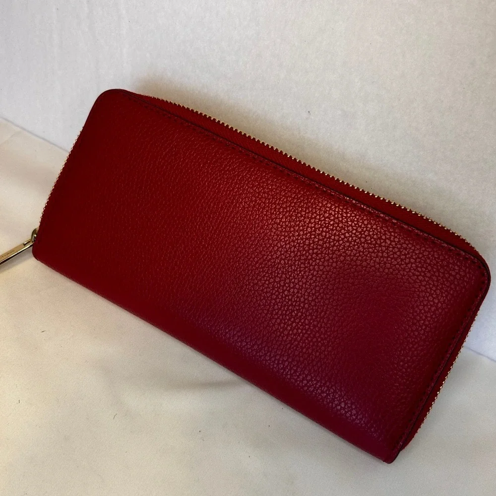 Michael Kors Scarlet Red Leather Zip Around Continental Wallet Gold Lock